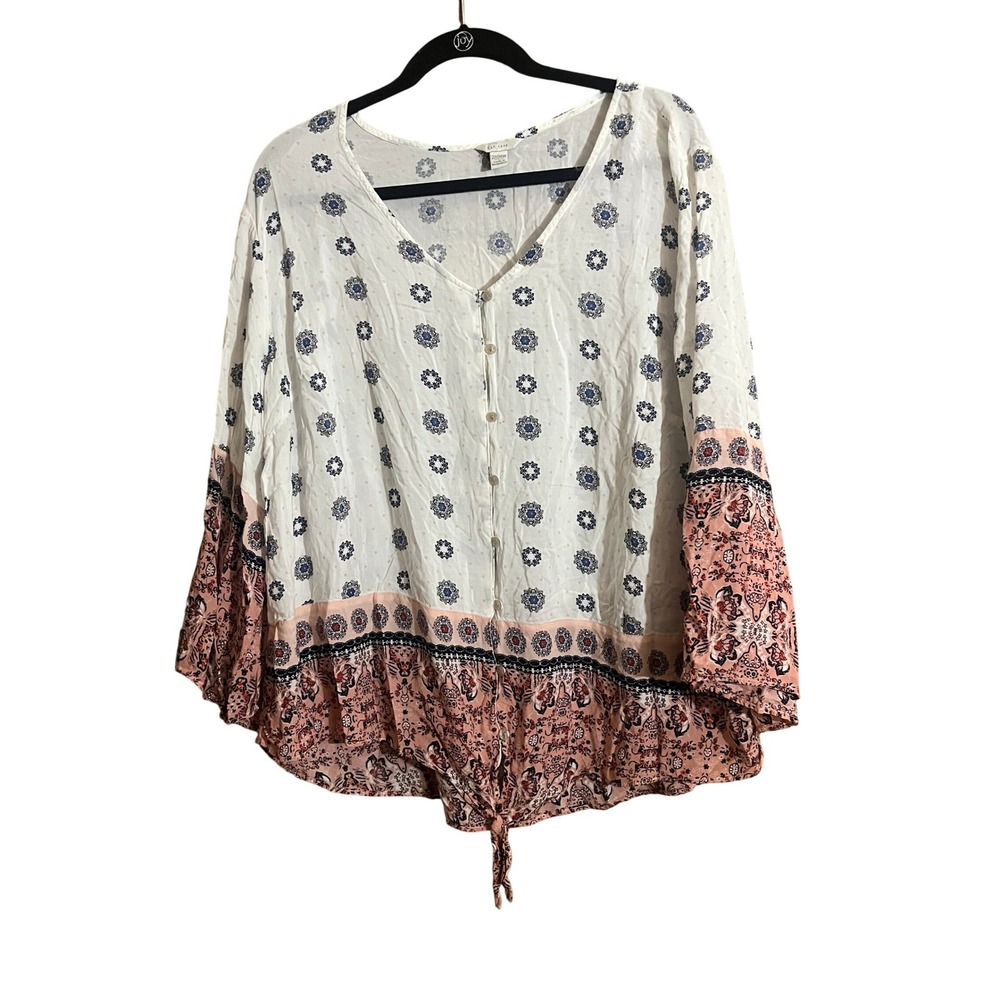 Est 1946 Women Plus 22/24W Boho Floral‎ Button Front Tie Hem Bell Sleeve Blouse